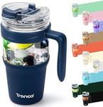 Tronco 32oz Glass Tumbler with Straw and Lid, Leakproof 2-in-1 Sip and Flip Straw Lid, Glass Water Bottles with Handle, Fit in Cup Holder, BPA Free, Dishwasher Safe (Navy Blue)