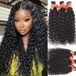 Water Wave Human Hair Bundles 10A Wet and Wavy Bundles Human Hair Brazilian Virgin Deep Curly Wave Bundles Human Hair for Black Women 24 26 28 Inch Hair Extensions 180% Density Natural Color