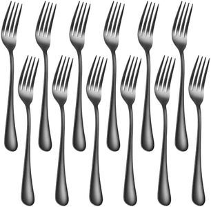 ITITT 12 Piece Dinner Forks, 8 Inch, Top Food Grade Extra-Fine Stainless Steel Silverware Forks，Silverware Set, Dishwasher Safe （Black)