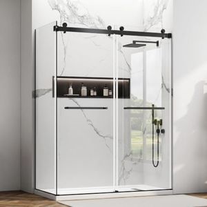 56"-60" W x 32" D x 76" H L-Shape Double Sliding Shower Door,Matte Black