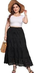 Love Welove Fashion Women’s Summer Boho Cotton Embroidered Eyelet Tiered Maxi Skirt Elastic High Waist A-Line Flowy Long Beach Dress Plus Size A Black