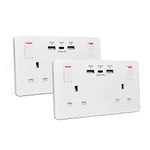 2 Pack Wall Socket Double Switched with 2USB and 1 Type C Fast Charging,13 Amp 2 Gang White Electric Socket