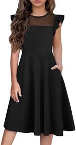 Flypigs Girls Dresses Summer Formal Party Wedding Ruffle Sleeve Mesh A Line Dress with Pockets, Black, 9-10 Years