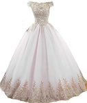 BessDress Gold Lace Appplique Quinceanera Dresses Long Sleeves Prom Ball Gown BD389, White Style 3, 12