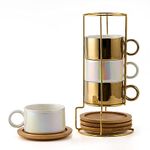 LUKA Porcelain Espresso Cup with Saucers and Metal Stand - 6 Ounce Stackable Ceramic Demitasse Espresso Mugs Cappuccino Cups Set for Latte, Coffee, Cafe Mocha, Tea - Set of 4,Shimmer Golden