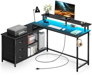 Seventable Computer Desk with Power Outlet & LED Light, 43.3" Reversible L Shaped Desk with 3 Drawers,Writing Desk with Printer Cabinet and Monitor Shelf,Black
