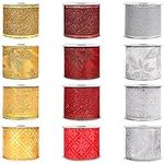 Belle Vous Christmas Ribbon (12 Pack) - 2.74m x 63mm Wide Wired Gold Silver Red Organza Ribbon in Assorted Designs - Decorative Christmas Tree Ribbons for XMAS Christmas Tree Decoration Bows Gift Wrap