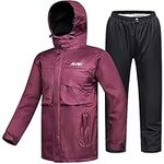 ILM Motorcycle Rain Suit Waterproof Wear Resistant 6 Pockets 2 Piece Set with Jacket and Pants Fits Women (Women's Large, Wine Red)