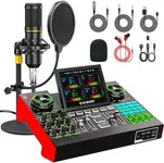 Podcast Microphone Bundle with Live Sound Card Audio Mixer, Podcast Equipment Bundle with 3.5mm Condenser Microphone for Pc/Phone Live Streaming Singing Gaming, Sound Board with Voice Changer, Denoise