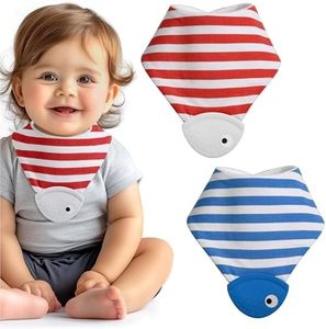 Navaris Babero Bandana para Bebé - Pack 2 con Mordedor de Cabeza de Pez - Tela de Rayas para +2 Meses - Rojo y Azul