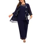 Women's Plus Size Wedding Pant Suits 3 Piece Chiffon Party Outfit for Mother of The Groom Bride Evening Gowns, Blue, 16