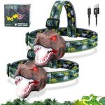 Nitigo Dinosaur Headlamp for Kids Flashlight 2 Pack, Rechargeable Led Headlights Roar & Silent Mode, T-Rex Dinosaur Toys, Camping Gear, Gifts for Boys Girls Adults