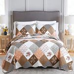 Dinjoy Floral Plaid Patchwork Quilt Set California King Size, Reversible Brown Bedding Set Soft Microfiber Lightweight Bedspread Coverlet 3 Piece Fall Autumn Use(106x96 inches, Cal King)