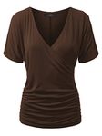 Made By Johnny WT1118 Womens V Neck Short Sleeve Wrap Front Drape Dolman Top M Brown