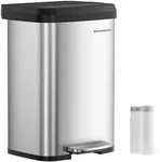 SONGMICS Kitchen Trash Can, 13 Gallon (50 L) Stainless Steel Garbage Can, with Stay-Open Lid and Step-on Pedal, Soft Closure, Tall, Large and Space-Saving, Silver and Black ULTB530E50