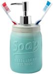 Comfify Mason Jar Design Soap Dispenser & Toothbrush Holder - Vanity Decorative Bathroom Accessories Pump & Ceramic - 12oz Liquid Soap Dispenser for Bath with Embossed Design