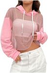 Verdusa Women's Sexy See Through Fishnet Long Sleeve Drawstring Hoodie Top Sweatshirt Pink Medium