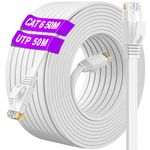 Long Ethernet Cable 50m, CAT 6 Internet Cable 50m High Speed 10/100/1000Mbit/s, Flat Ethernet Network Cable Outdoor Indoor, Gigabit Broadband RJ45 Patch Cable for Router Switch Modem Xbox (50 Clips)