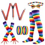 Womens Striped Rainbow Bracelets Bow Tie Suspenders Fingerless Gloves Long Socks Set