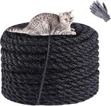 ilauke 8 mm x 25 m Natural Sisal Rope for Cats, Sisal Rope for and Cat Scratch Pillar with Pair of Protective Gloves, Durable Rope for DIY Garden Decoration, Black