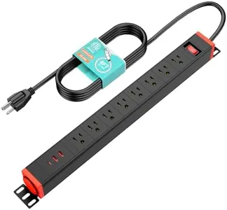 QBA 8 Outlets Metal Power Strip with 360°Rotating Bracket, PD20W USB-C Mountable Power Strip, 6FT Extension Cord, Heavy Duty Industrial Power Strip for Work Bench Garage Shop, Black