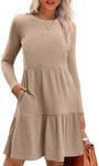 Zeagoo Women Fall Dresses with Pockets 2024 Long Sleeve Ribbed Knit DressCasual Crew Neck Knee Length Sweater Dress Khaki M