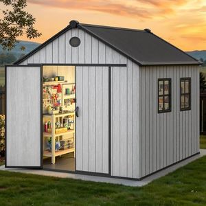 DWVO 8x10 FT Outdoor Storage with Gable Roof & Double-Layered Structure, Plastic Garden Shed with Lockable Doors, Air Vents & Windows for Patio, Backyard, Gray