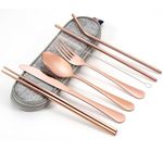 Travel Portable Utensils, Reusable Stainless Steel Flatware Set with Case, Portable Camping Cutlery Set for Lunch Box, 8-Piece Including Knife Fork Spoon Chopsticks Cleaning Brush Straws (Rose Gold)