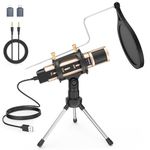 ZealSound USB Gaming Microphone,3.5mm Mic for PC Phone Computer PS 4&5,with Echo/Mute/Noise Cancel/Volume Gain,Tripod Stand,Pop Filter,for Podcast ASMR Video Recording Streaming Discord Twitch（Gold）