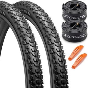 JUCEO 27.5x2.2 Mountain Bike Tires with Inner Tubes & Tire Levers (2 Sets) | Cross Country Bicycle Foldable Replacement Tires - High-Traction Off-Road Tires for Trail and XC Riding