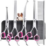 Qpets® Dog Grooming Kit 5 Pack, Stainless Steel Dog Trimmer Kit, Pet Grooming Scissors Set with Grooming Comb, Cutting Scissors Thinning Shear Curved Scissors, Grooming Hair for Small Large Dog Cat