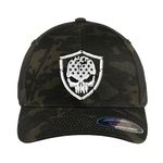 American Distressed Skull Custom Embroidered Flag 6277 and 6477 Yupoong Flexfit Hat, Multicam Black, Large-X-Large