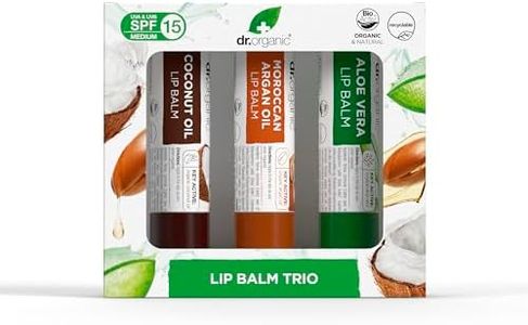 Set de Bálsamos Labiales Dr Organic, SPF 15, Multipack Variado con Aloe Vera, Aceite de Argán, Aceite de Coco, Natural, Libre de Crueldad, Sin Parabenos ni SLS, Orgánico, 5.7ml.