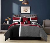 Chezmoi Collection 7-Piece Quilted Patchwork Comforter Set, Red/Gray/Black, Queen