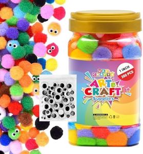 400 Pcs - 1 inch 300pcs WAU Crafts Multicolored Large Pom Poms Arts and Crafts with 100 Googly Eyes - Pompoms for Crafts & DIY Projects