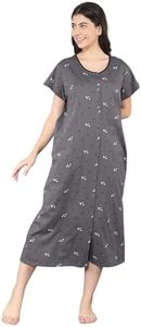 Noty ® Women's- Maternity | Hospital | Delivery Gown | Feeding | Nursing Nighty- Sinker Cotton Knits Fabric- Front Open | Printed | Full Button Open | Short Sleeves (Dark Grey, Free Size)