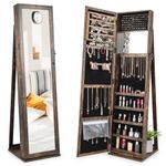 COSTWAY 3-in-1 Jewelry Cabinet, Lockable Jewelry Armoire Storage Unit with Full Length Mirror and Display Shelf, Home Bedroom Dressing Room Cosmetics Jewellery Organiser (Fixed Rustic Brown)