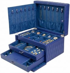 Homruilink Genuine Leather Jewelry Box – 3 Layer Large Jewelry Organizer with Mirror, Lockable Jewelry Box for Women – Necklace, Ring, Earring Organizer with Drawer - Fathers Day Gift (Blue)