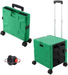 FELICON Folding Utility Cart Rolling Crate Handcart with Durable Heavy Duty Plastic Telescoping Handle Collapsible Hidden Lid 4 Rotate Wheels for Travel Shop Move Office Teacher Use(Dark Green&Black)