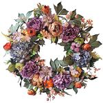 WANNA-CUL 24 Inch Fall Wreath for Front Door with Blue Hydrangea, Purple Orange Peony and Pumpkins-Fall Decoration for Home-Large Fall Decor Door Wreath for Autumn,Harvest, Halloween or Thanksgiving