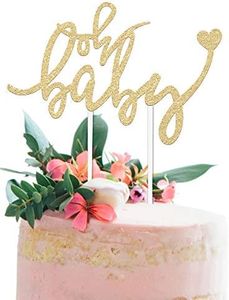 Baby Shower Cake Topper -"OH BABY" - 6.5" x 4" Double Sided Gold Glitter Cardstock Topper For Baby Showers and Gender Reveal Parties for Boys and Girls - Food-Safe & Eco-Friendly Stand