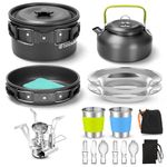 Odoland 16pcs Camping Cookware Mess kit for Camping, Backpacking, Outdoor Cooking and Picnic with Camping Stove, Non-Stick Lightweight Pot Pan Kettle Stainless Steel Cups Plates Forks Knives Spoons