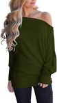 Eniloyal Off The Shoulder Tops for Women Long Sleeve Shirt Cotton Batwing Trendy Going Out Fall Clothing Oversized Tshirt Army Green