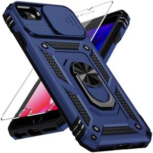 Weycolor for iPhone SE 3rd Generation / 2nd Generation Case, iPhone SE 2022/2020, iPhone 8/7/6 Case with Slide Camera Cover HD Screen Protector Heavy Duty Kickstand Phone Case,Navy Blue