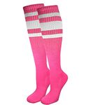 Premium Striped Adult Knee High Tall Athletic Skater Tube Socks, Hot Pink With White Stripes, Large