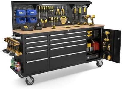 FIXCHIGO 72-Inch Heavy Duty Rolling Tool Chest with 10 Drawers and Solid Rubber Wood Top Mobile Workstation, Includes Power Strip, Locking System, Drawer Liners for Garage