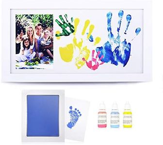 NWK DIY Family Photo + Family Hand/Footprints Kit with 10 X 17inch Elegant White Wood Picture Frame, Ink Pad, Non-Toxic Watercolor Paints, Baby Shower Family Christmas Gift for New Mom Dad