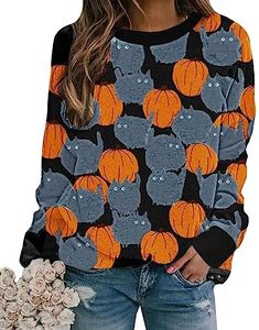 Pumpkin Sweatshirt Halloween Crewneck Shirts - Lightweight Long Sleeve Round Neck Graphic Cat Tee Tops S Pattern 29