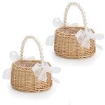 2 PCS Wicker Rattan Flower Girl Basket Wedding Flower Girl Basket with Pearl Handle and Bow Fairy Flower Basket Handwoven Easter Basket Wicker Basket for Wedding Flower Girl(Brown)