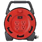 DEWENWILS Extension Cord Reel with 30 FT Power Cord, Hand Wind Retractable, 16/3 AWG SJTW, 4 Grounded Outlets, 13 Amp Circuit Breaker, Red Black, UL Listed